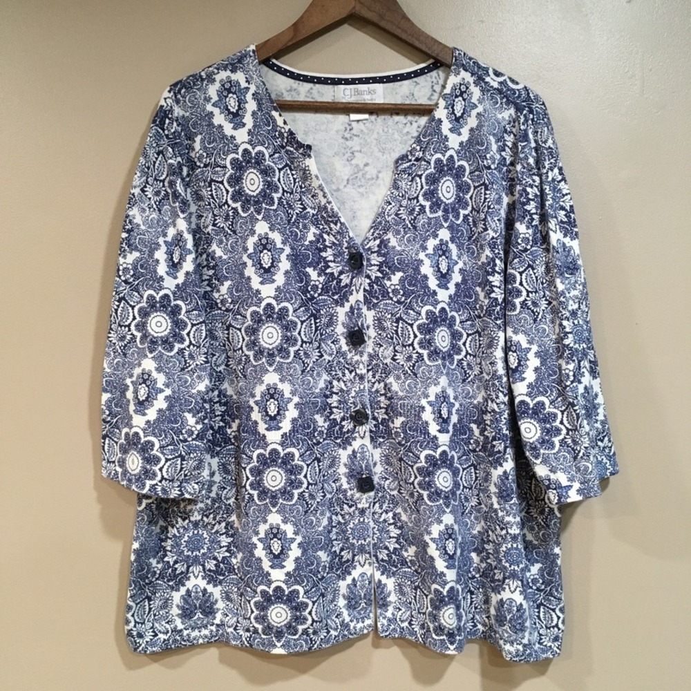CJ Banks Floral Cardigan Sweater Womens 2X Blue White Cottage Grandma Mature
